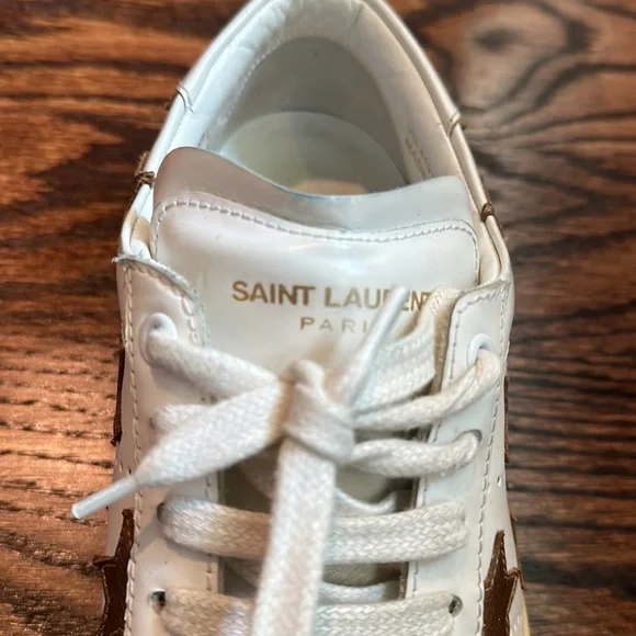 YSL Designer Sneakers, Gold Star Appliqué Court White Sneakers, Size 39 (75) - Picture 11 of 16